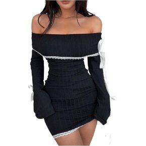 SOLY HUX Women's Bodycon Mini Dress Off The Shoulder Lace Trim Bow Long Sleeve Ruched Y2k Dresses