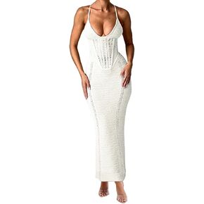 BOLLEY JOSS Women Crochet Knit Bodycon Maxi Dress Sexy Backless Lace up Hollow Out Corset Dress Open Back Dress
