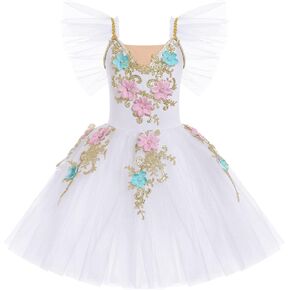 AFAVOM Girls Sequin Embroidery Flower Camisole Skirted Leotard Ballet Dance Wear Ballerina Swan Lake Costume for Performance
