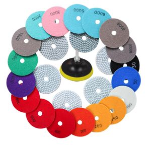 21 Packs 4 Inch Full Set of Diamond Polishing Pads, 30-10000 Grit Wet/Dry Granite Polishing Pads for Granite Marble Concrete Stone with Drill Adapter, Disc, Wool Disc