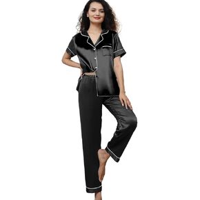 Womens Pajamas Set XS-3XL Floral Silk Satin Pajama Sets Silky Pj Sets 2Pcs Loungewear Sleepwear Button Down Pjs