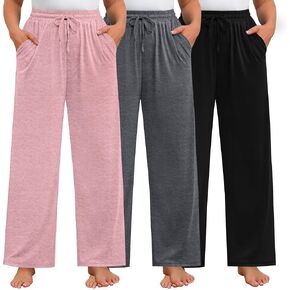 Neer 3 Pack Women's Plus Size Pants, Drawstring Wide Leg Lounge Pants with Pockets Casual Pajamas Comfy Loose Yoga Sweatpants