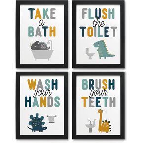 JXREQ Dinosaur Bathroom Decor, Kids Bathroom Wall Decor, Dinosaur Wall Decor for Nursery Kids Bathroom, Cute Dinosaur Dino Bathroom Posters Wall Art Prints Set of 4, 8x10 Inch Unframed