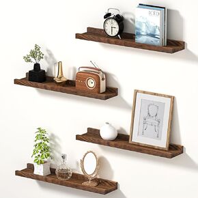 Floating Shelves for Wall, Wall Shelves for Bedroom, Wall Mounted Storage Shelves Set of 4, Solid Wood Picture Ledge Shelf with Lip for Living Room, Kitchen, Bathroom(Original Wood 16 inch)