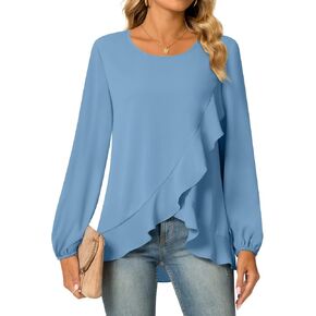 Aodemo Women's Ruffled Blouse Loose Puff Long Sleeve Shirt Chiffon Tunic Dressy Tops with Smocked Cuffs