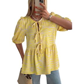 Dokotoo Womens Tops Casual Crewneck Babydoll Peplum Puff Sleeve Shirts Bow Tie Front Boho Summer Blouses