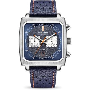 MEGIR Men's Rectangle Business Work Analogue Quartz Chronograph Luminous Sport Wrist Watch with Leather Strap 2182 Blue