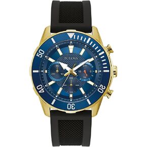 Bulova Men's Classic Chronograph 6 Hand Gold Stainless Steel Watch with Black Silicone Strap, Blue Dial (Model:98A244)