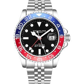 Stuhrling Original Men's Stainless Steel Jubilee Bracelet GMT Watch Quartz, Dual Time, Quickset Date with Screw Down Crown, Water Resistant up to 10 ATM
