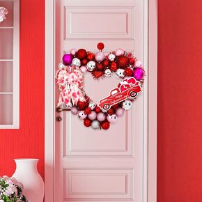 15 Inch Valentine's Day Heart Wreath for Front Door Decoration, Tinsel Red Heart Shaped Wreath Valentines Day Love Wreath with Round Balls Wooden Car Bows for Wedding Party Anniversary Home Decoration