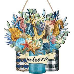 Welcome Summer Sign Ocean Beach Wooden Hanging Wreath Decor Ornament Wood Farmhouse Beach Starfish Door Decor Beach Theme Hanger for Front Door Porch Home Wall Window Indoor Outdoor Decorations