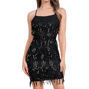 OBEEII Women's Sequins Fringe Bodycon Mini Dress Teens Sparkly Homecoming Dress Sexy Strappy Backless Glitters Party Dress