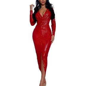Women's Elegant Long Sleeve Sparkly Sequin Bodycon Midi Dresses Sexy Deep V Neck Ruched Cocktail Party Wrap Dress