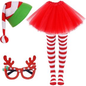 Yookat 4 Pieces Christmas Costumes for Women Christmas Costume Set Women Christmas Costume Christmas Hat Skirt Socks Glasses