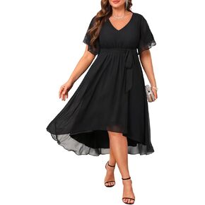 Plus Size Dresses Wedding Guest - Formal Cocktail Chiffon V Neck Short Sleeve High Low Dress Curvy Women
