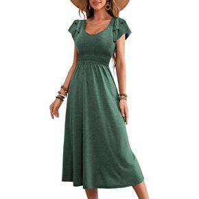 Dokotoo Women's Ruffle Short Sleeve High Waisted Midi Dress 2025 Spring Summer Casual Crewneck A-Line Dress