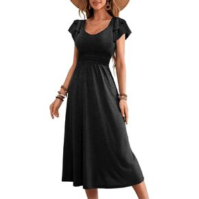 Dokotoo Women's Ruffle Short Sleeve High Waisted Midi Dress 2025 Spring Summer Casual Crewneck A-Line Dress