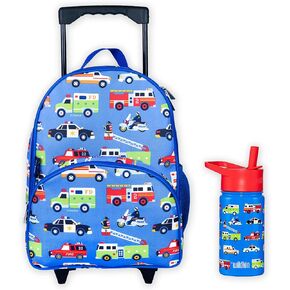 Wildkin Rolling Luggage Bundle with 14 Ounce Steel Reusable Water Bottle (Heroes)