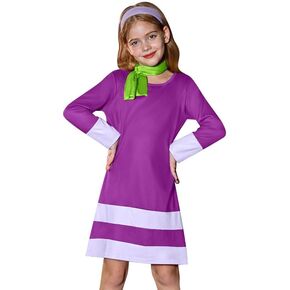 BesserBay Halloween Big Girls Clothes Purple Long Sleeve Midi Dress with Scarf and Headband 4-12 Years