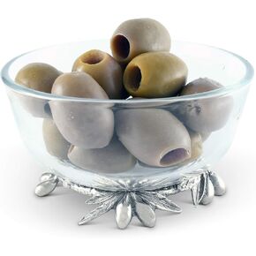 Vagabond House Dip/Olive Glass Bowl Pewter Bowl with Pewter Olive Base 5 inch Diameter x 3.25 inch Tall