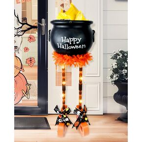 Halloween Decorations 24'' Witches Legs Candy Bowl with 26 LED Lights Happy Halloween Sign Funny Witch Cauldron Hocus Pocus Bucket for Party Porch Lawn Outdoor Home Decor