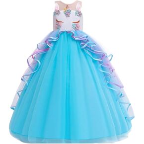 Girls Unicorn Rainbow Princess Birthday Party Carnival Cosplay Dress Up Costume Long Maxi Tulle Evening Gown