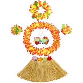 Fortuning's JDS 40cm Girl's Hawaiian Hula Grass Skirt with Flowers Costume for Luau Beach Party Performance Outfits Decor