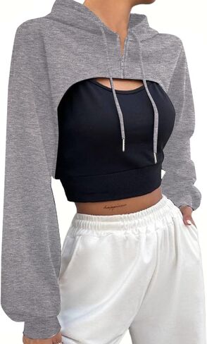 Hilinker Women's Zip Up Long Sleeve Cropped Hoodie Workout Drawstring Super Crop Tops in Saudi Arabia