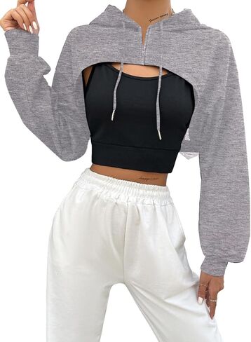 Hilinker Women's Zip Up Long Sleeve Cropped Hoodie Workout Drawstring Super Crop Tops in Saudi Arabia