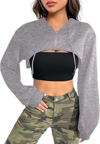 Hilinker Women's Zip Up Long Sleeve Cropped Hoodie Workout Drawstring Super Crop Tops in Saudi Arabia