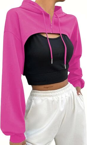 Hilinker Women's Zip Up Long Sleeve Cropped Hoodie Workout Drawstring Super Crop Tops in Saudi Arabia