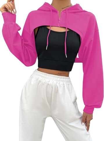 Hilinker Women's Zip Up Long Sleeve Cropped Hoodie Workout Drawstring Super Crop Tops in Saudi Arabia
