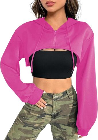 Hilinker Women's Zip Up Long Sleeve Cropped Hoodie Workout Drawstring Super Crop Tops in Saudi Arabia
