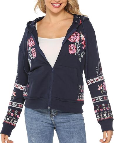 Women's Boho Embroidered Long Sleeve Zip Up Hoodies with Pocket,Full Zip Hooded Sweatshirts Casual Fall Jackets in Kuwait