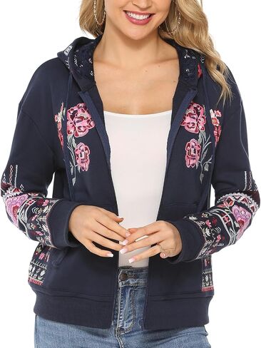 Women's Boho Embroidered Long Sleeve Zip Up Hoodies with Pocket,Full Zip Hooded Sweatshirts Casual Fall Jackets in Kuwait