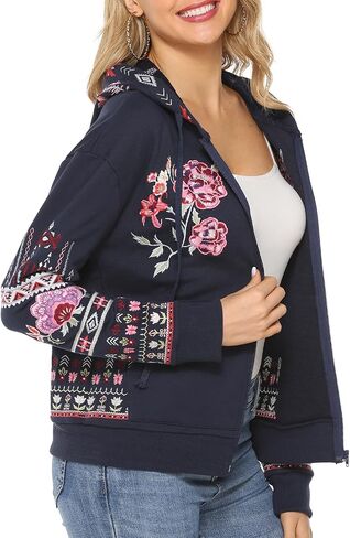 Women's Boho Embroidered Long Sleeve Zip Up Hoodies with Pocket,Full Zip Hooded Sweatshirts Casual Fall Jackets in Kuwait