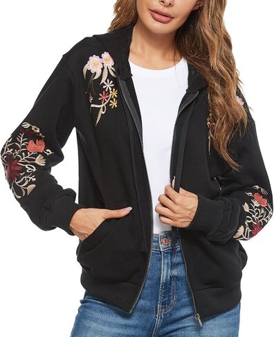 Women's Boho Embroidered Long Sleeve Zip Up Hoodies with Pocket,Full Zip Hooded Sweatshirts Casual Fall Jackets in Kuwait