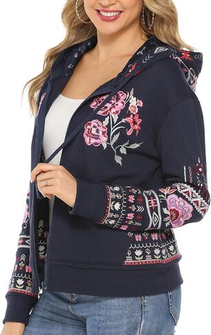 Women's Boho Embroidered Long Sleeve Zip Up Hoodies with Pocket,Full Zip Hooded Sweatshirts Casual Fall Jackets in Kuwait