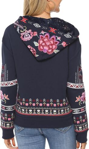 Women's Boho Embroidered Long Sleeve Zip Up Hoodies with Pocket,Full Zip Hooded Sweatshirts Casual Fall Jackets in Kuwait