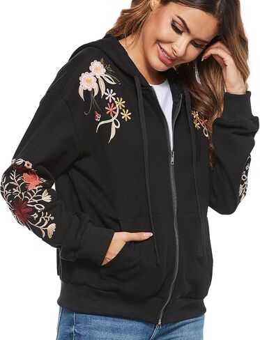 Women's Boho Embroidered Long Sleeve Zip Up Hoodies with Pocket,Full Zip Hooded Sweatshirts Casual Fall Jackets in Kuwait