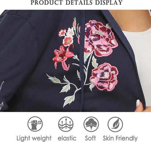 Women's Boho Embroidered Long Sleeve Zip Up Hoodies with Pocket,Full Zip Hooded Sweatshirts Casual Fall Jackets in Kuwait