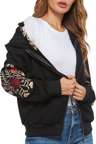 Women's Boho Embroidered Long Sleeve Zip Up Hoodies with Pocket,Full Zip Hooded Sweatshirts Casual Fall Jackets in Kuwait