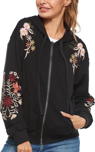 Women's Boho Embroidered Long Sleeve Zip Up Hoodies with Pocket,Full Zip Hooded Sweatshirts Casual Fall Jackets in Kuwait