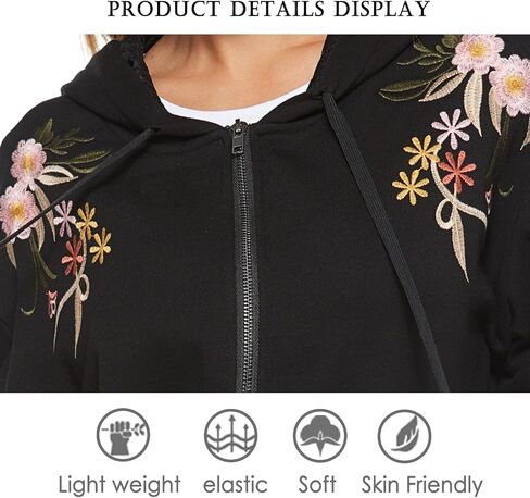 Women's Boho Embroidered Long Sleeve Zip Up Hoodies with Pocket,Full Zip Hooded Sweatshirts Casual Fall Jackets in Kuwait