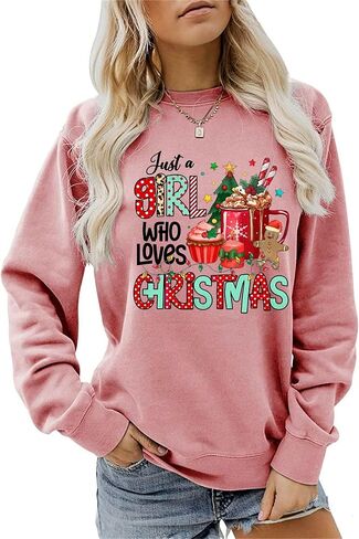 Just A Girl Who Loves Christmas Sweatshirt for Women Cute Christmas Tree Lights Coffee Cup Graphic Crewneck Tops in Kuwait