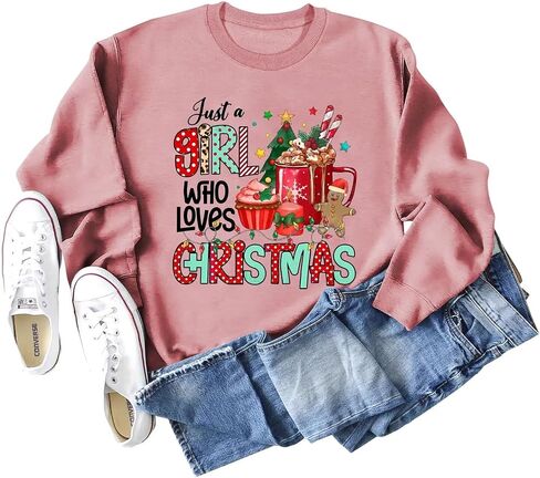 Just A Girl Who Loves Christmas Sweatshirt for Women Cute Christmas Tree Lights Coffee Cup Graphic Crewneck Tops in Kuwait