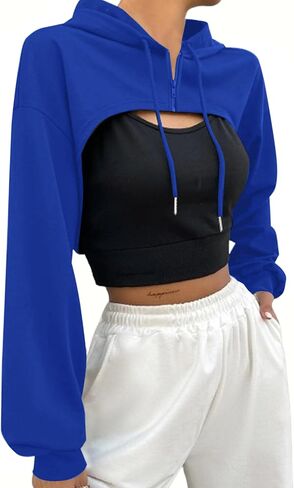 Hilinker Women's Zip Up Long Sleeve Cropped Hoodie Workout Drawstring Super Crop Tops in Kuwait