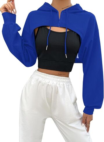 Hilinker Women's Zip Up Long Sleeve Cropped Hoodie Workout Drawstring Super Crop Tops in Kuwait