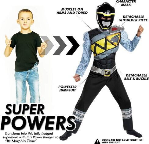 Black Power Rangers Costume for Kids. Official Licensed Black Ranger Dino Charge Classic Muscle Power Ranger Suit with Mask for Boys & Girls in Saudi Arabia