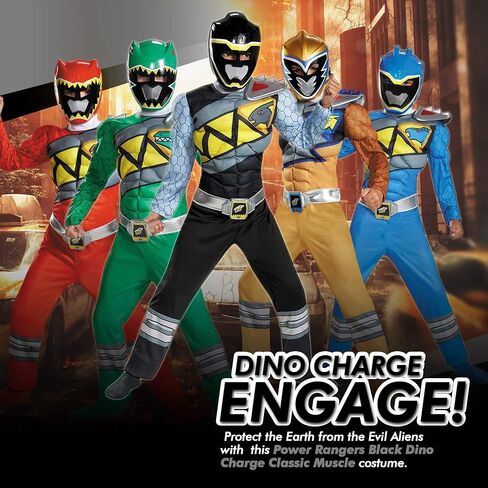 Black Power Rangers Costume for Kids. Official Licensed Black Ranger Dino Charge Classic Muscle Power Ranger Suit with Mask for Boys & Girls in Saudi Arabia